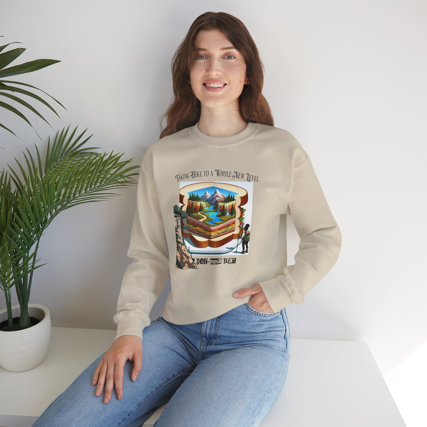 The Deli-mma Trail Humorous Unisex Heavy Blend™ Crewneck Sweatshirt. Gift for hikers, outdoors person, mom, dad, nature walkers.