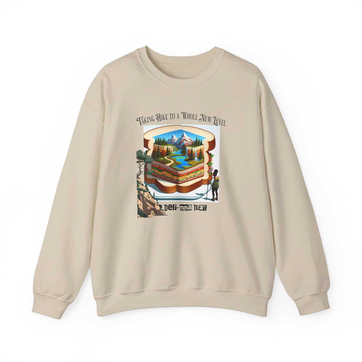 The Deli-mma Trail Humorous Unisex Heavy Blend™ Crewneck Sweatshirt. Gift for hikers, outdoors person, mom, dad, nature walkers.