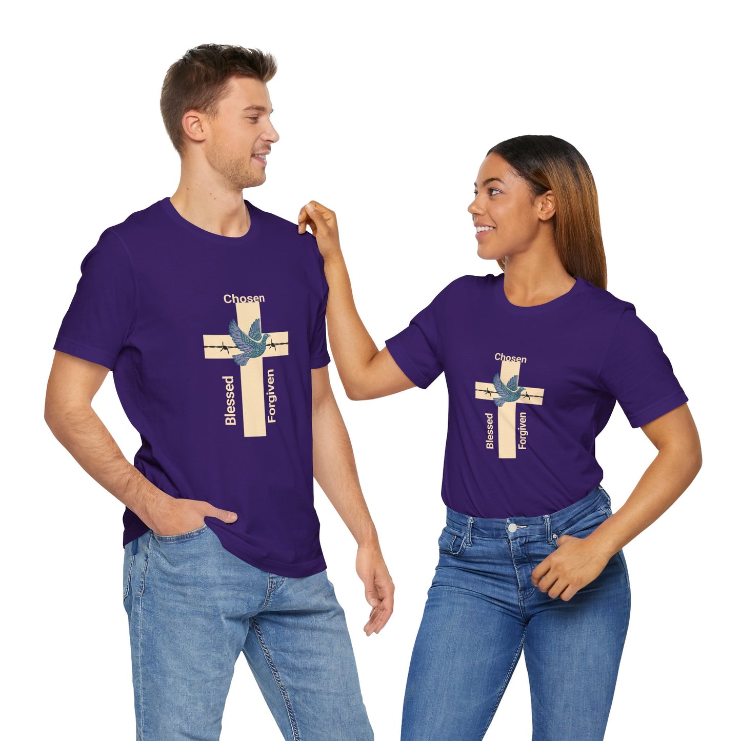 Chosen, Blessed, and Forgiven Unisex Jersey Short Sleeve Tee makes a great gift for mother's fathers, family, friends and church members