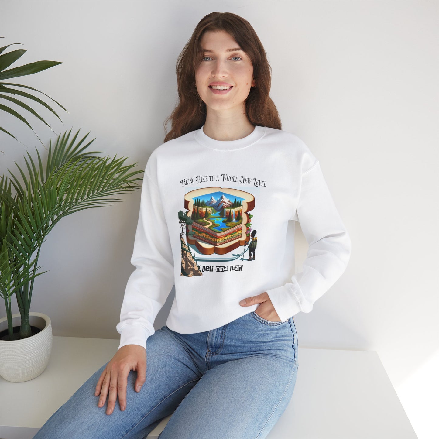 The Deli-mma Trail Humorous Unisex Heavy Blend™ Crewneck Sweatshirt. Gift for hikers, outdoors person, mom, dad, nature walkers.