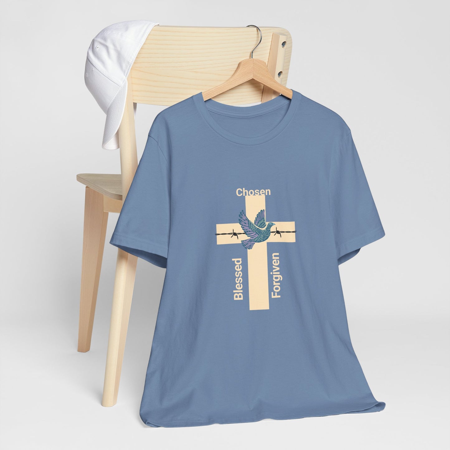 Chosen, Blessed, and Forgiven Unisex Jersey Short Sleeve Tee makes a great gift for mother's fathers, family, friends and church members