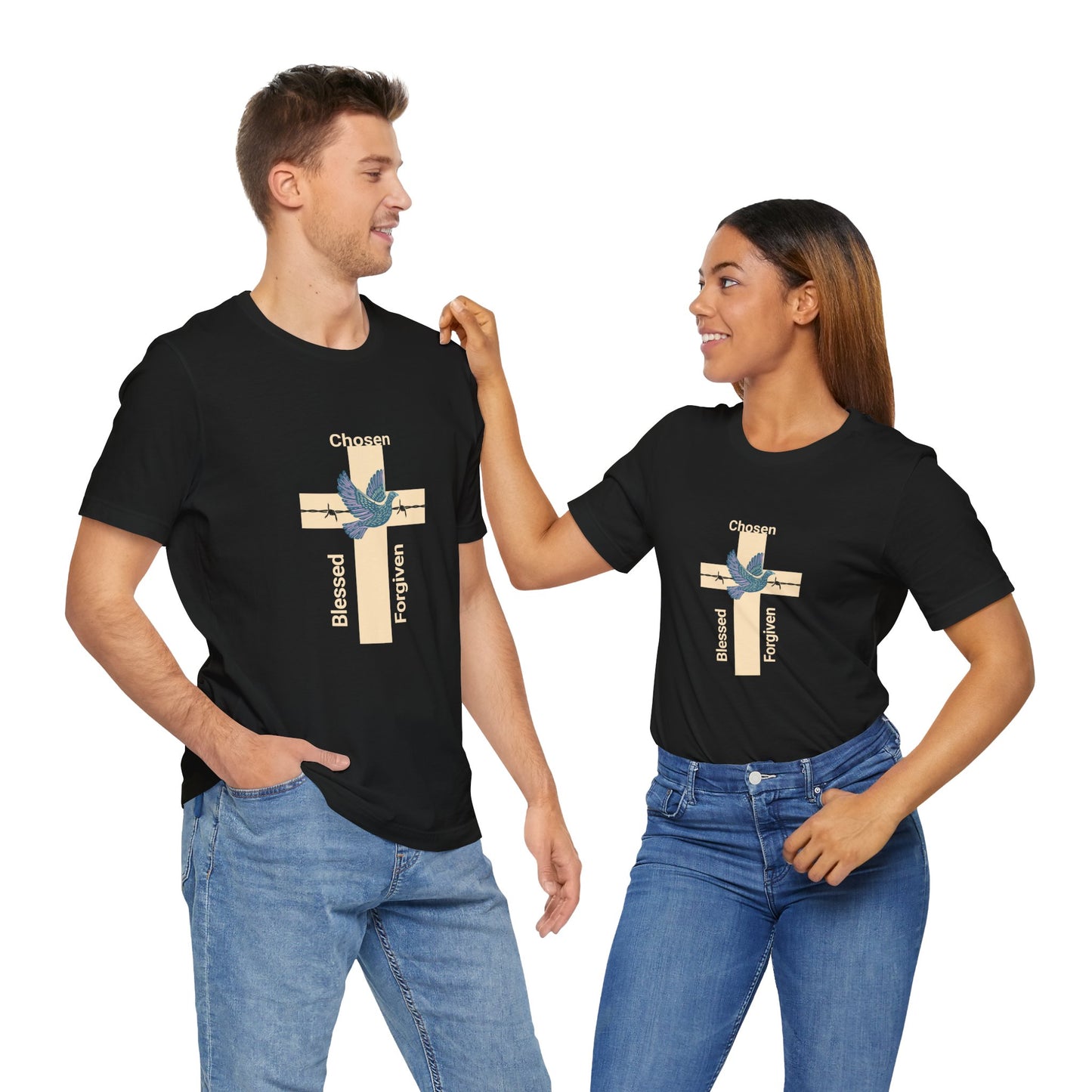 Chosen, Blessed, and Forgiven Unisex Jersey Short Sleeve Tee makes a great gift for mother's fathers, family, friends and church members