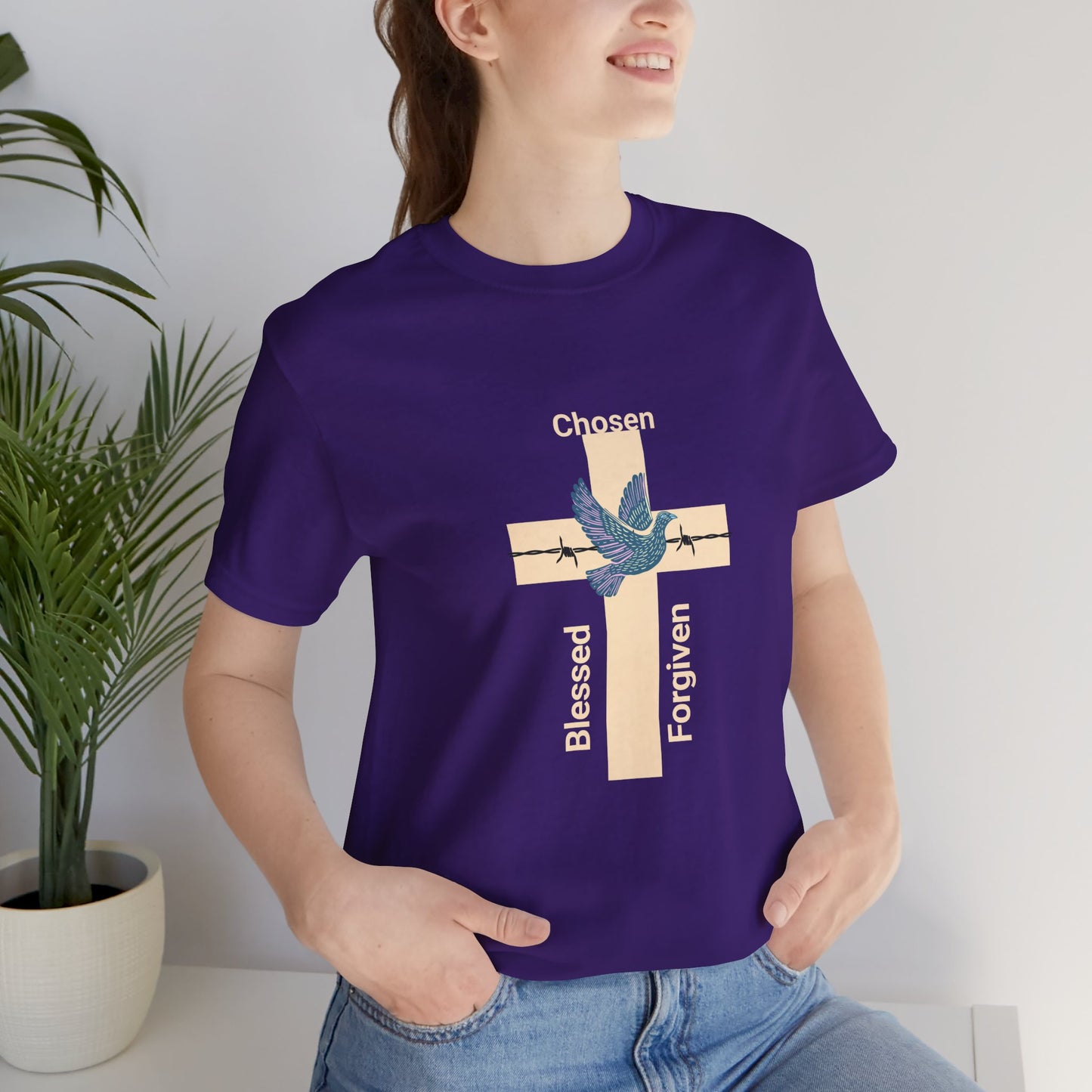 Chosen, Blessed, and Forgiven Unisex Jersey Short Sleeve Tee makes a great gift for mother's fathers, family, friends and church members