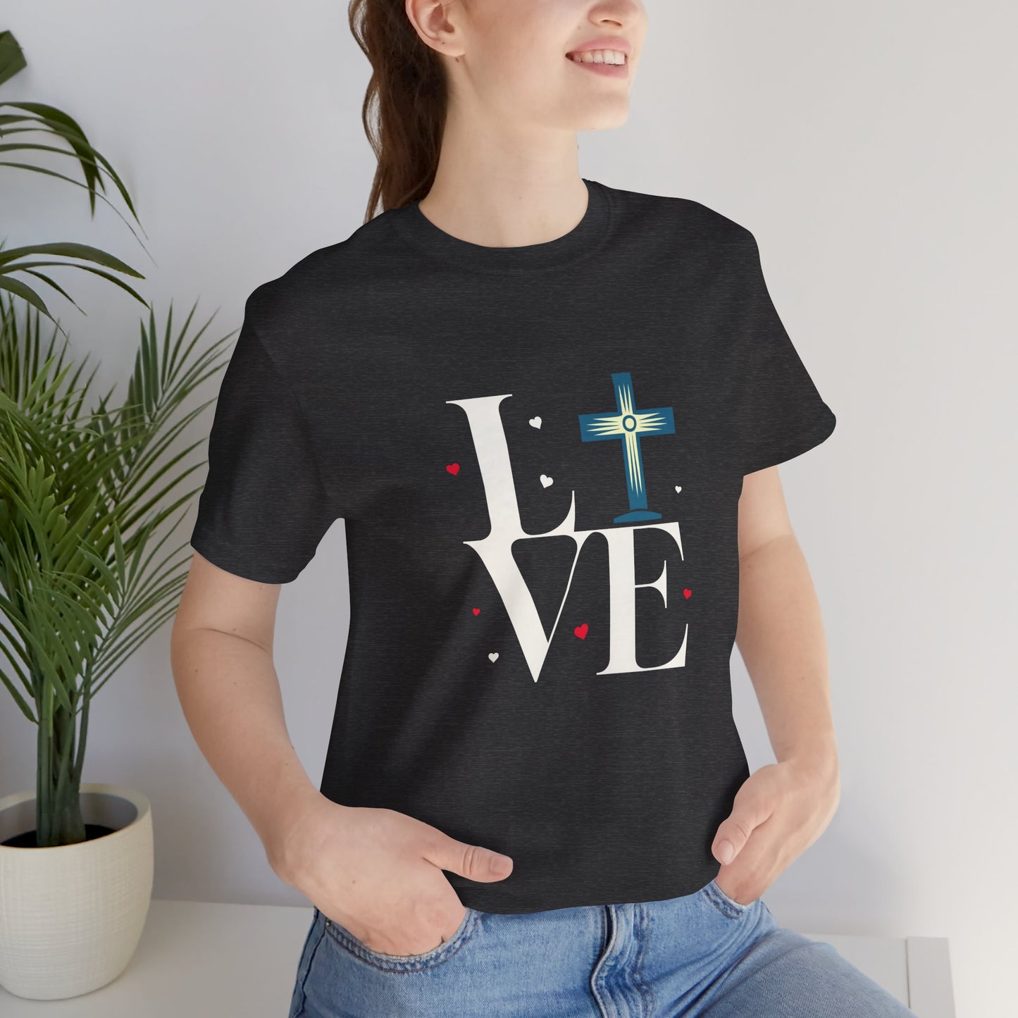 Love Unisex Jersey Short Sleeve Tee with a Cross makes a gift for mom, dad, and entire family and friends