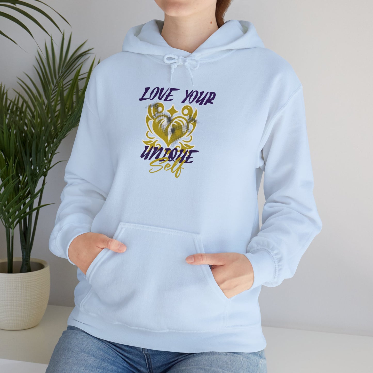 Love Your Unique Self Unisex Heavy Blend™ Hooded Sweatshirt. Perfect gift to uplift and motivate for mom, dad, co-workers, friends