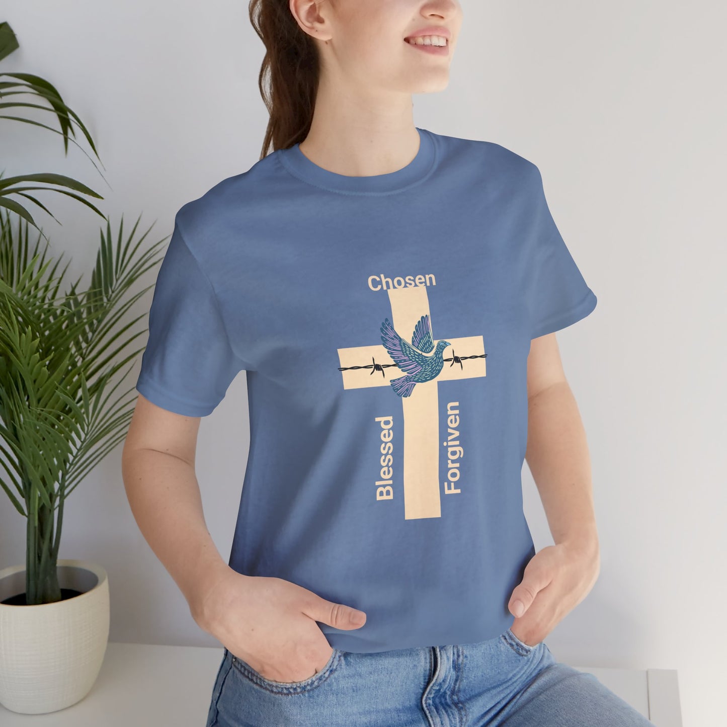 Chosen, Blessed, and Forgiven Unisex Jersey Short Sleeve Tee makes a great gift for mother's fathers, family, friends and church members