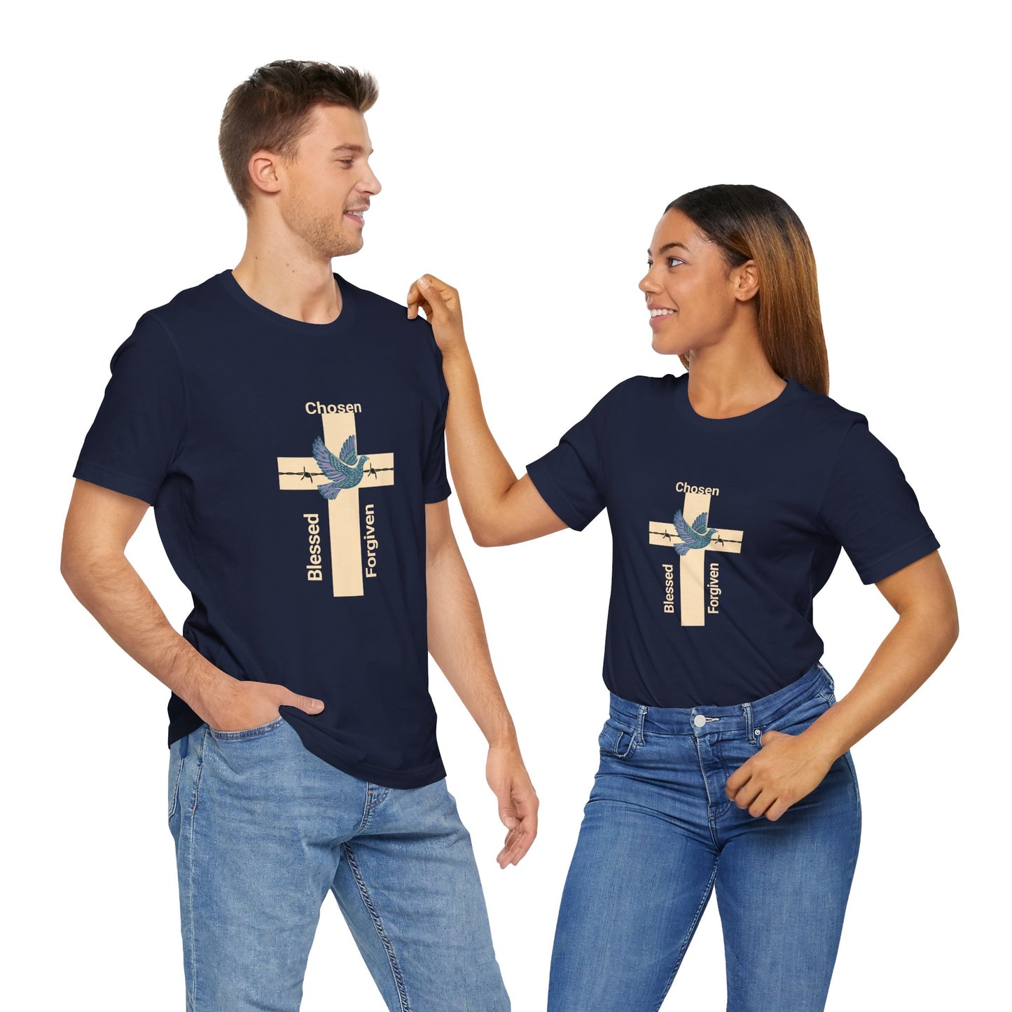 Chosen, Blessed, and Forgiven Unisex Jersey Short Sleeve Tee makes a great gift for mother's fathers, family, friends and church members