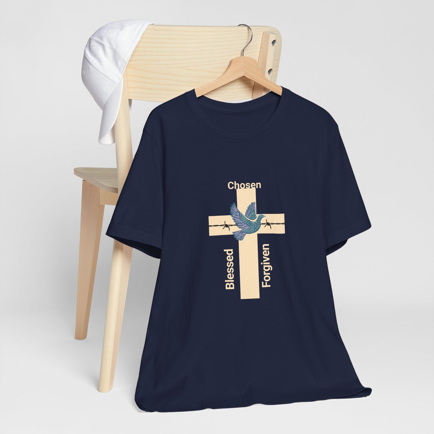 Chosen, Blessed, and Forgiven Unisex Jersey Short Sleeve Tee makes a great gift for mother's fathers, family, friends and church members