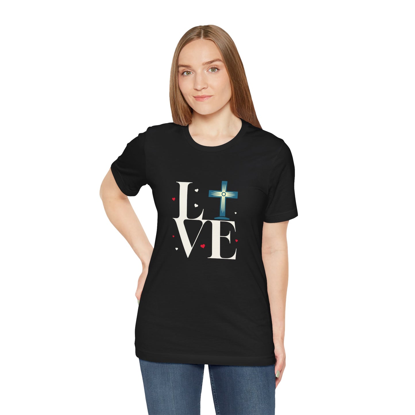 Love Unisex Jersey Short Sleeve Tee with a Cross makes a gift for mom, dad, and entire family and friends