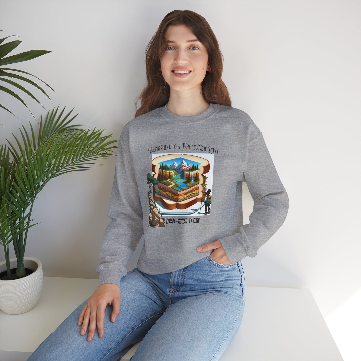 The Deli-mma Trail Humorous Unisex Heavy Blend™ Crewneck Sweatshirt. Gift for hikers, outdoors person, mom, dad, nature walkers.