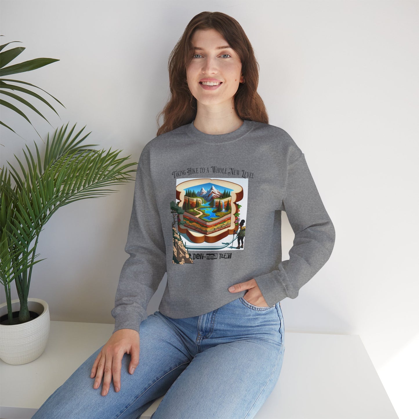 The Deli-mma Trail Humorous Unisex Heavy Blend™ Crewneck Sweatshirt. Gift for hikers, outdoors person, mom, dad, nature walkers.